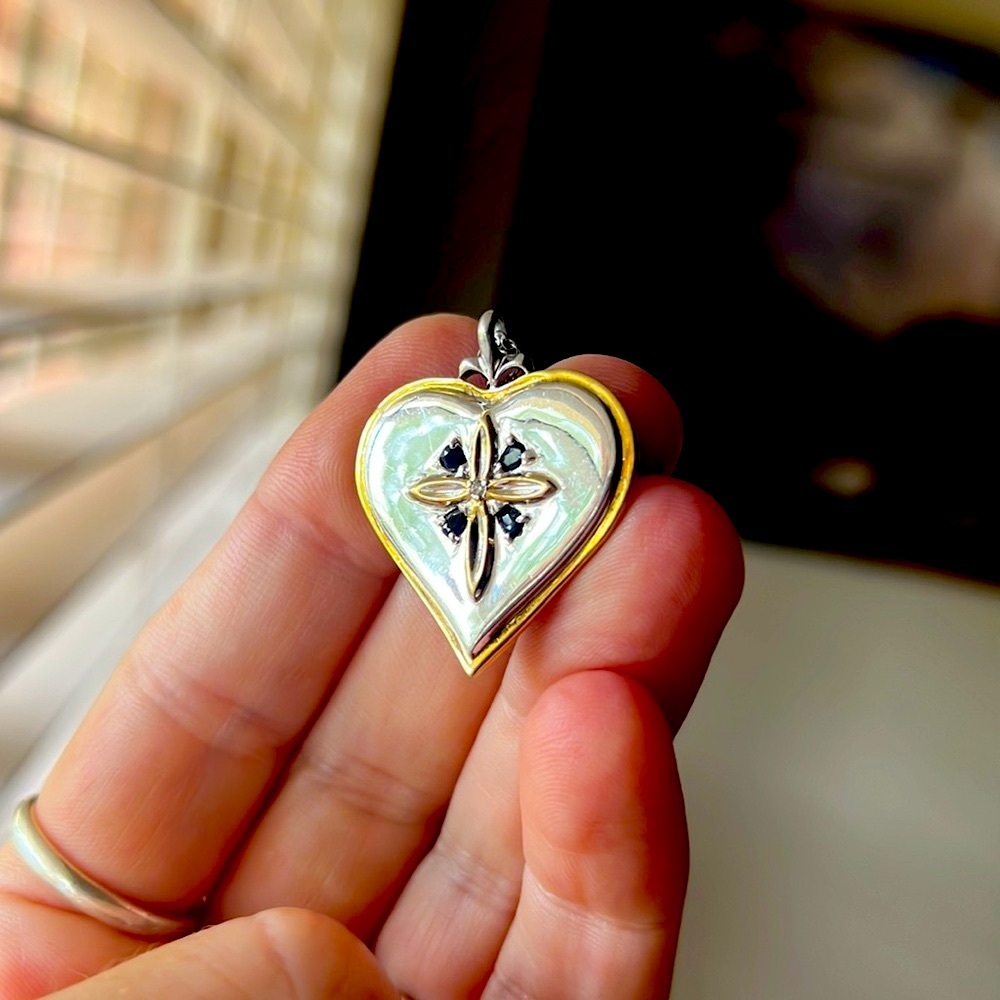 Bradford Exchange Silver Heart Bracelet With Blue Sapphires, Diamond and Cross